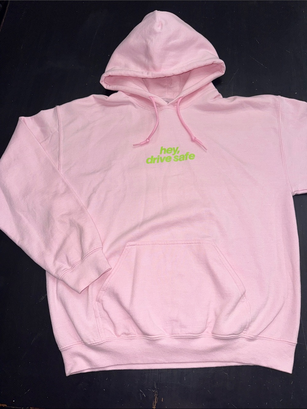 LONELY GHOST hey drive safe pink hoodie sweatshirt. size large. good used.